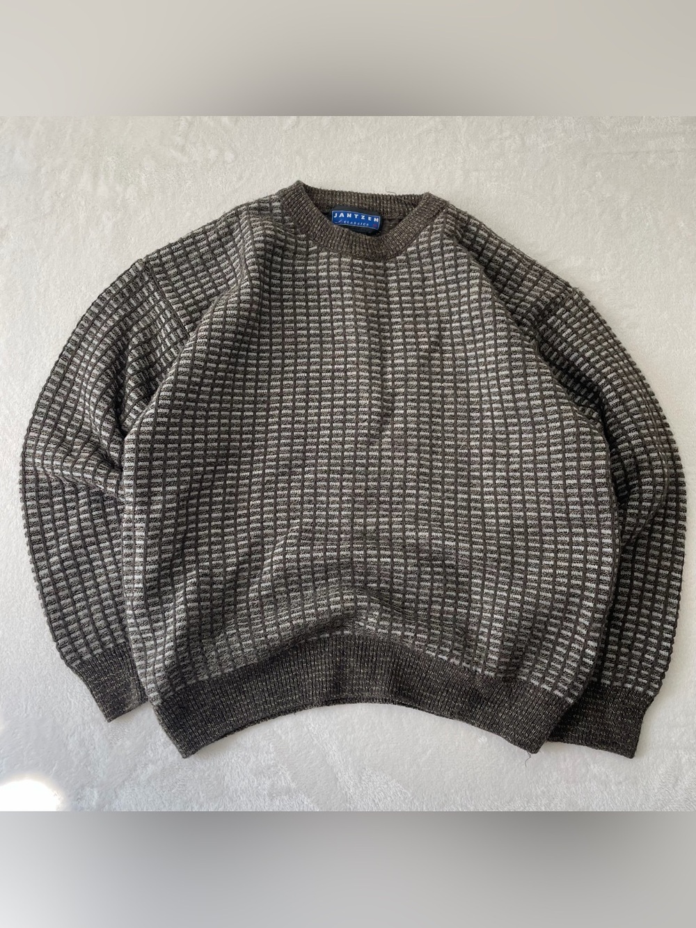 VTG Jantzen Classics Textured Knit Crewneck Sweater Brown Gray Mens Sz M Grandpa
